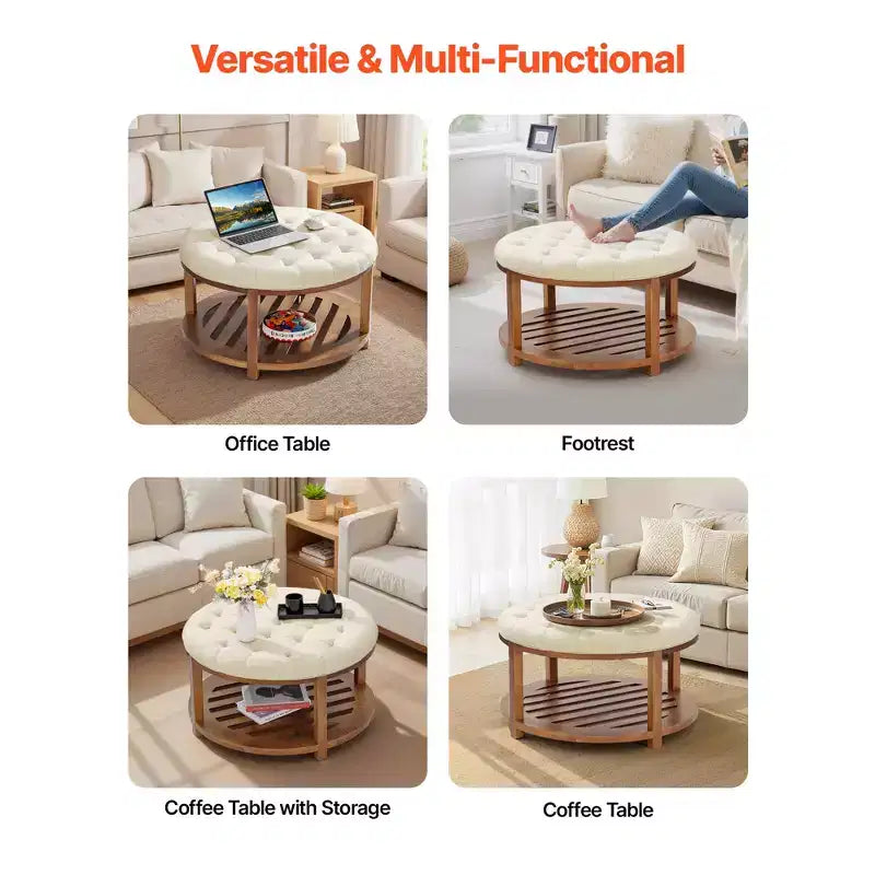 VEVOR Grande table basse ottomane ronde, table basse capitonnée de 81 cm avec étagère de rangement en bois massif, rembourrage en lin uni, 159 kg, beige