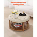 VEVOR Grande table basse ottomane ronde, table basse capitonnée de 81 cm avec étagère de rangement en bois massif, rembourrage en lin uni, 159 kg, beige
