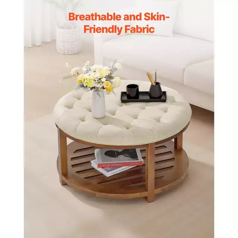 VEVOR Grande table basse ottomane ronde, table basse capitonnée de 81 cm avec étagère de rangement en bois massif, rembourrage en lin uni, 159 kg, beige