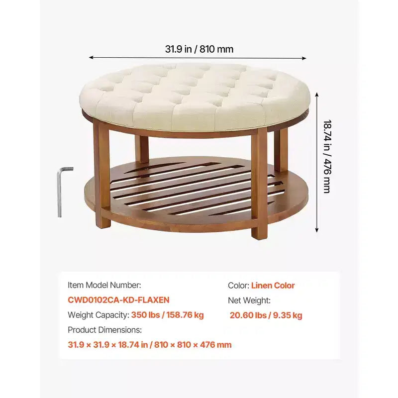 VEVOR Grande table basse ottomane ronde, table basse capitonnée de 81 cm avec étagère de rangement en bois massif, rembourrage en lin uni, 159 kg, beige