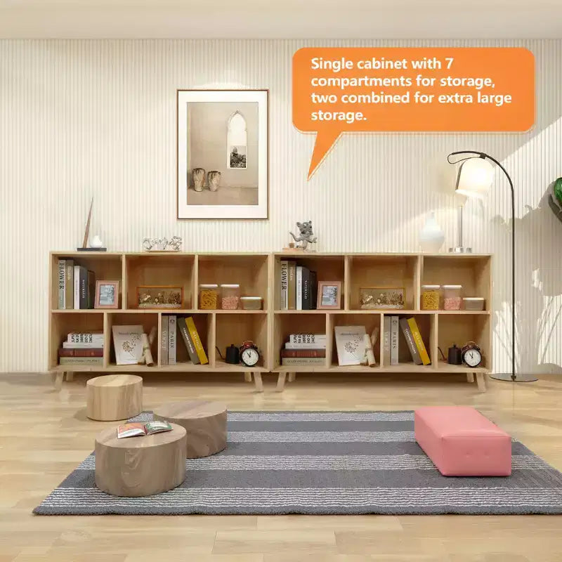 Bibliothèque ouverte à 7 casiers, meuble de rangement en bois à 2 niveaux sur pied avec pieds, bibliothèque ouverte sur pied avec casiers