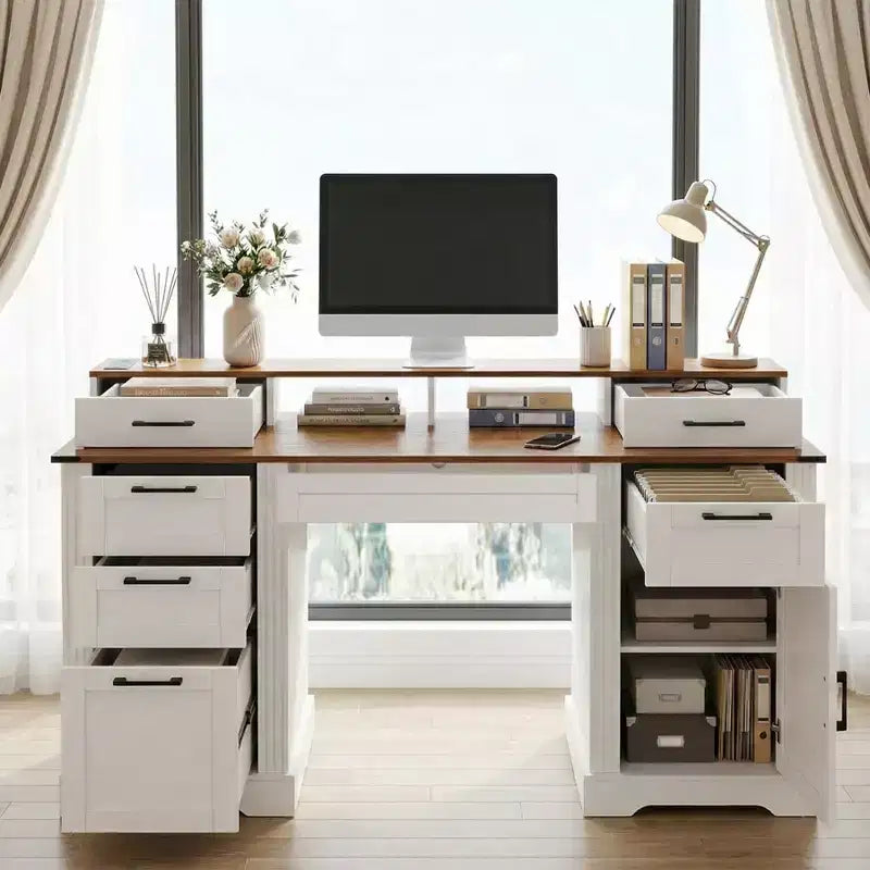 Bureau de direction 59" avec 6 tiroirs, bureau d'ordinateur en bois avec tiroir classeur et station de charge, table de conférence pour bureau à domicile