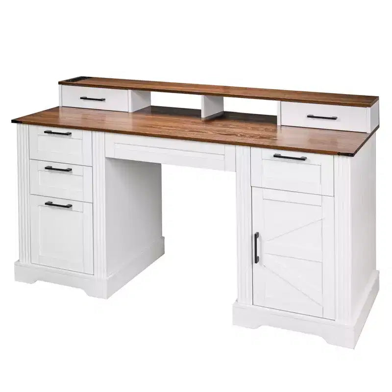 Bureau de direction 59" avec 6 tiroirs, bureau d'ordinateur en bois avec tiroir classeur et station de charge, table de conférence pour bureau à domicile