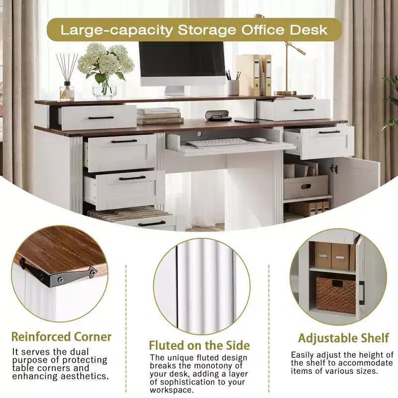 Bureau de direction 59" avec 6 tiroirs, bureau d'ordinateur en bois avec tiroir classeur et station de charge, table de conférence pour bureau à domicile