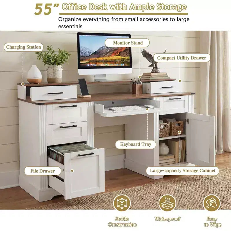 Bureau de direction 59" avec 6 tiroirs, bureau d'ordinateur en bois avec tiroir classeur et station de charge, table de conférence pour bureau à domicile