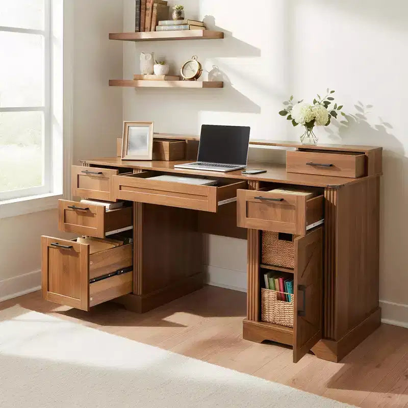 Bureau de direction 59" avec 6 tiroirs, bureau d'ordinateur en bois avec tiroir classeur et station de charge, table de conférence pour bureau à domicile