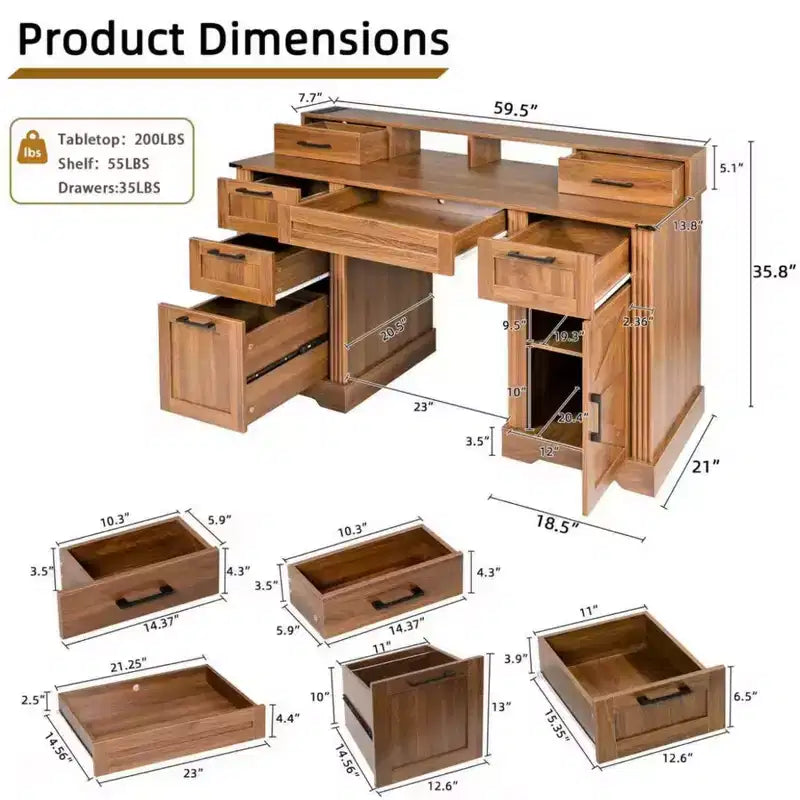 Bureau de direction 59" avec 6 tiroirs, bureau d'ordinateur en bois avec tiroir classeur et station de charge, table de conférence pour bureau à domicile