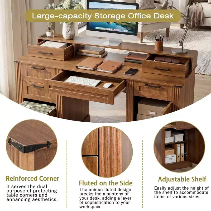 Bureau de direction 59" avec 6 tiroirs, bureau d'ordinateur en bois avec tiroir classeur et station de charge, table de conférence pour bureau à domicile