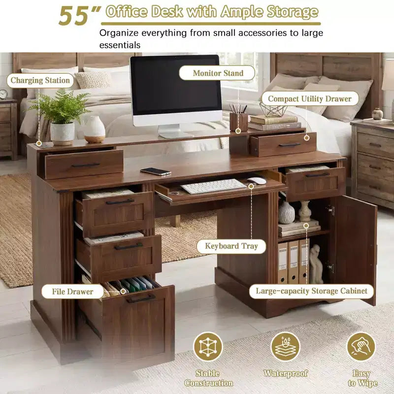 Bureau de direction 59" avec 6 tiroirs, bureau d'ordinateur en bois avec tiroir classeur et station de charge, table de conférence pour bureau à domicile