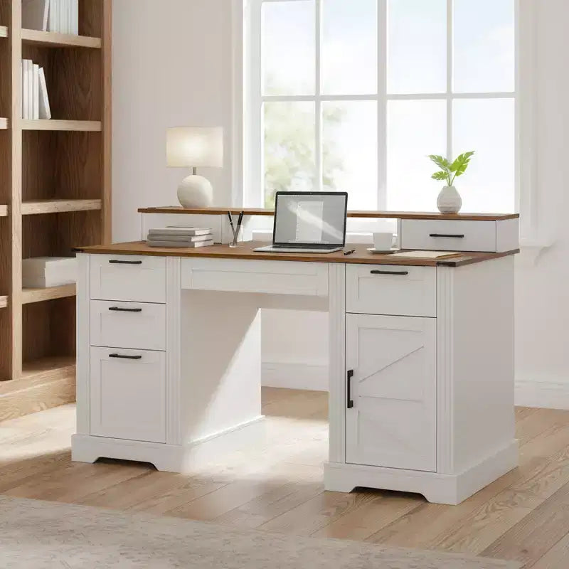 Bureau de direction 59" avec 6 tiroirs, bureau d'ordinateur en bois avec tiroir classeur et station de charge, table de conférence pour bureau à domicile