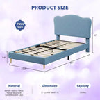 Cadre de lit double rembourré pour enfants avec tête de lit festonnée, lit double en velours mignon pour enfants, lit plateforme robuste, aucun sommier tapissier requis, lattes en bois