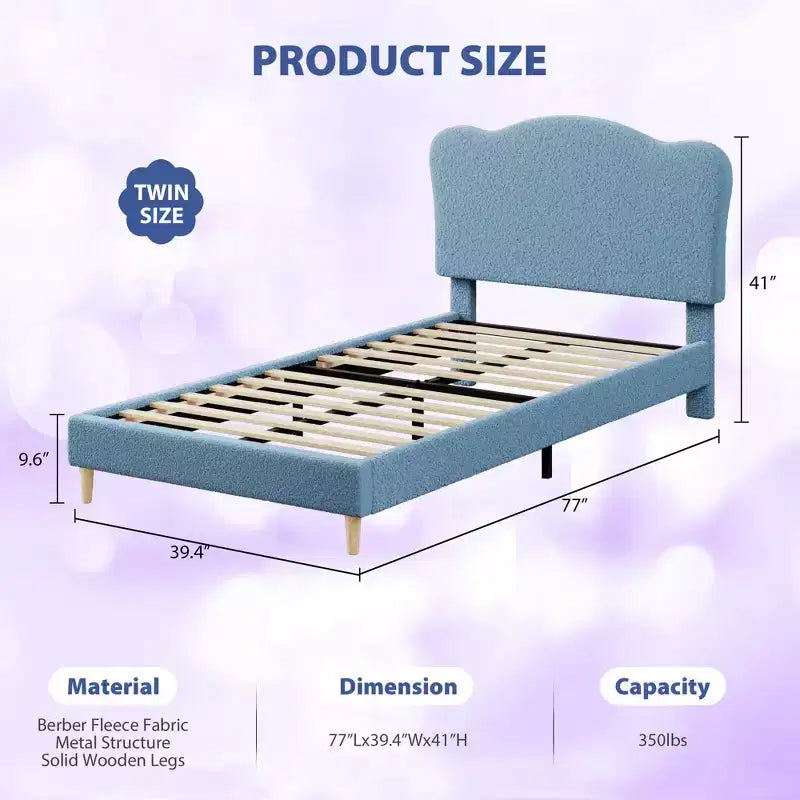 Cadre de lit double rembourré pour enfants avec tête de lit festonnée, lit double en velours mignon pour enfants, lit plateforme robuste, aucun sommier tapissier requis, lattes en bois