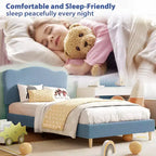 Cadre de lit double rembourré pour enfants avec tête de lit festonnée, lit double en velours mignon pour enfants, lit plateforme robuste, aucun sommier tapissier requis, lattes en bois