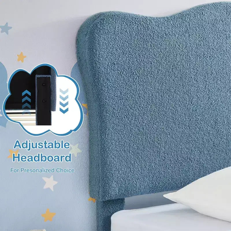 Cadre de lit double rembourré pour enfants avec tête de lit festonnée, lit double en velours mignon pour enfants, lit plateforme robuste, aucun sommier tapissier requis, lattes en bois