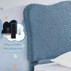 Cadre de lit double rembourré pour enfants avec tête de lit festonnée, lit double en velours mignon pour enfants, lit plateforme robuste, aucun sommier tapissier requis, lattes en bois