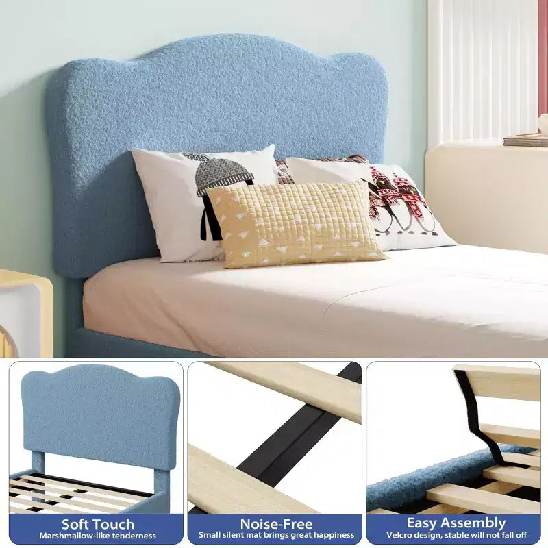 Cadre de lit double rembourré pour enfants avec tête de lit festonnée, lit double en velours mignon pour enfants, lit plateforme robuste, aucun sommier tapissier requis, lattes en bois