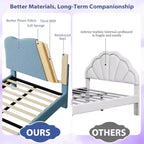 Cadre de lit double rembourré pour enfants avec tête de lit festonnée, lit double en velours mignon pour enfants, lit plateforme robuste, aucun sommier tapissier requis, lattes en bois