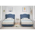 Cadre de lit double rembourré pour enfants avec tête de lit festonnée, lit double en velours mignon pour enfants, lit plateforme robuste, aucun sommier tapissier requis, lattes en bois