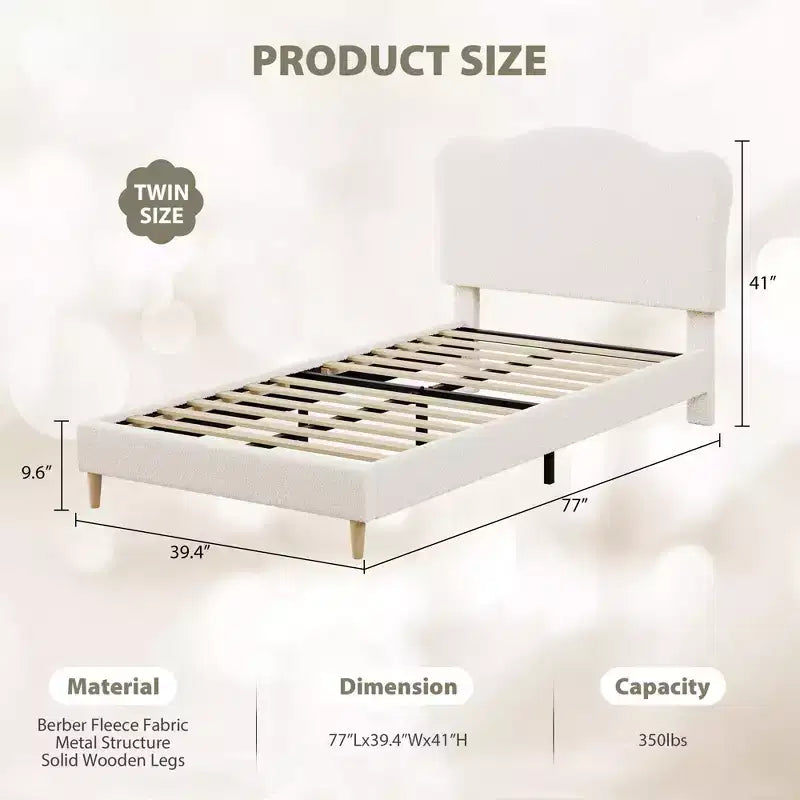 Cadre de lit double rembourré pour enfants avec tête de lit festonnée, lit double en velours mignon pour enfants, lit plateforme robuste, aucun sommier tapissier requis, lattes en bois
