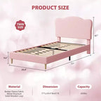 Cadre de lit double rembourré pour enfants avec tête de lit festonnée, lit double en velours mignon pour enfants, lit plateforme robuste, aucun sommier tapissier requis, lattes en bois