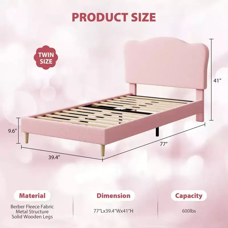 Cadre de lit double rembourré pour enfants avec tête de lit festonnée, lit double en velours mignon pour enfants, lit plateforme robuste, aucun sommier tapissier requis, lattes en bois