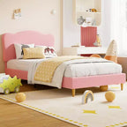 Cadre de lit double rembourré pour enfants avec tête de lit festonnée, lit double en velours mignon pour enfants, lit plateforme robuste, aucun sommier tapissier requis, lattes en bois