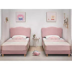 Cadre de lit double rembourré pour enfants avec tête de lit festonnée, lit double en velours mignon pour enfants, lit plateforme robuste, aucun sommier tapissier requis, lattes en bois