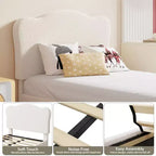 Cadre de lit double rembourré pour enfants avec tête de lit festonnée, lit double en velours mignon pour enfants, lit plateforme robuste, aucun sommier tapissier requis, lattes en bois