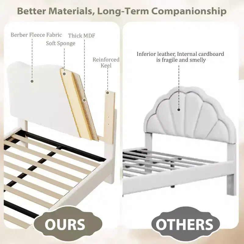 Cadre de lit double rembourré pour enfants avec tête de lit festonnée, lit double en velours mignon pour enfants, lit plateforme robuste, aucun sommier tapissier requis, lattes en bois