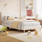 Cadre de lit double rembourré pour enfants avec tête de lit festonnée, lit double en velours mignon pour enfants, lit plateforme robuste, aucun sommier tapissier requis, lattes en bois