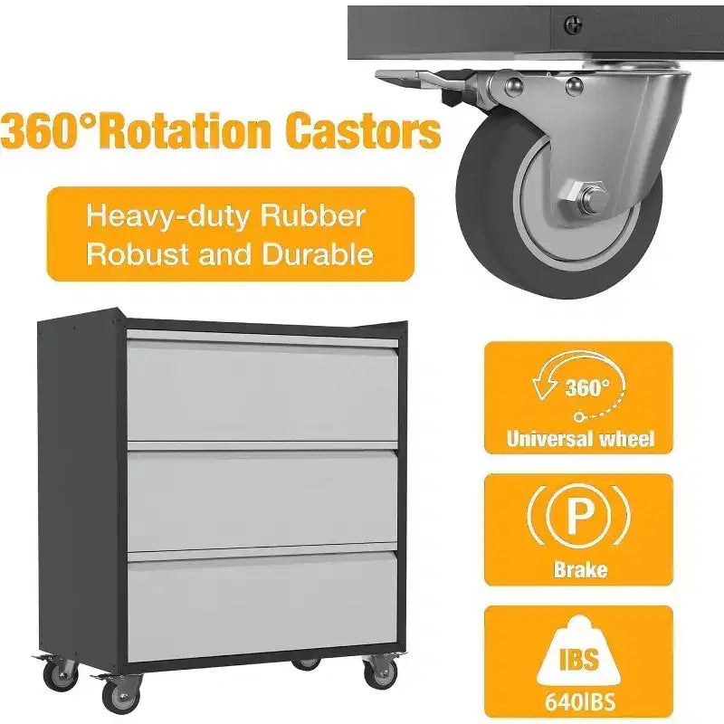 Servante d'atelier métallique à roulettes robuste à 3 tiroirs - Chariot de rangement mobile pour garage, atelier, bureau et entrepôt (gris)