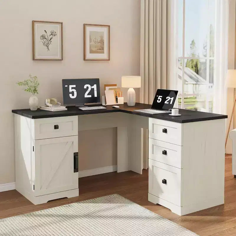 60 L Shaped Executive Desk,Rustic Home Office Corner Computer Desk with File Drawers Adjustable Storage Cabinet, Large Workstation for Study Gaming