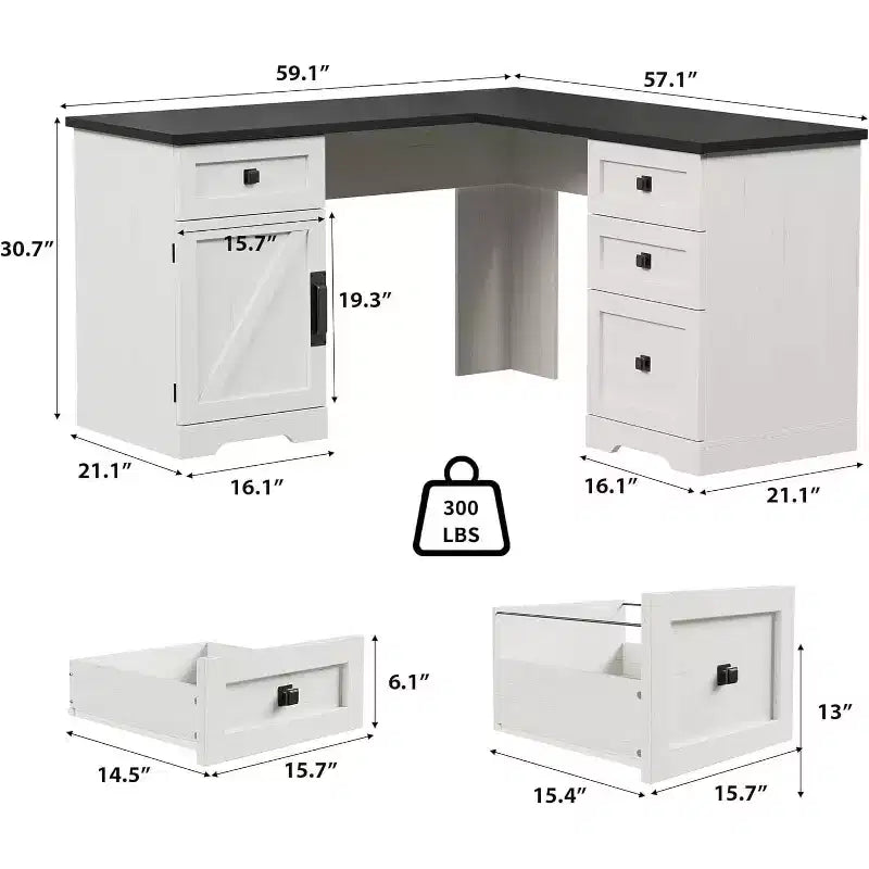 Bureau de direction en forme de L de 60 pouces, bureau d'angle rustique avec tiroirs de classement et meuble de rangement réglable, grande station de travail pour l'étude et le jeu