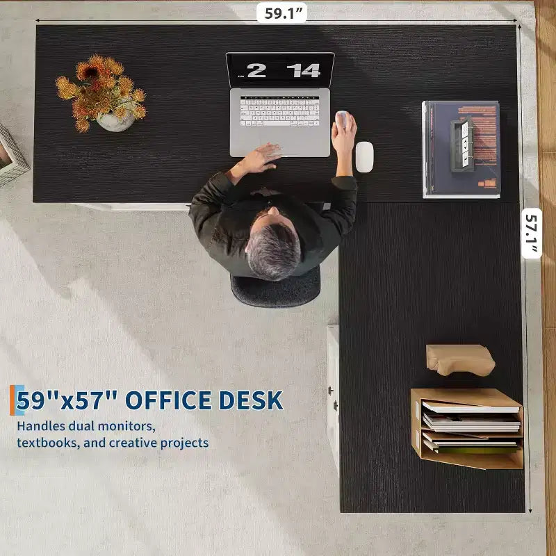 Bureau de direction en forme de L de 60 pouces, bureau d'angle rustique avec tiroirs de classement et meuble de rangement réglable, grande station de travail pour l'étude et le jeu