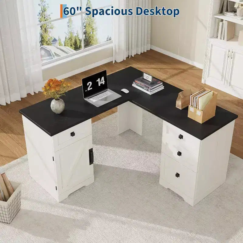 Bureau de direction en forme de L de 60 pouces, bureau d'angle rustique avec tiroirs de classement et meuble de rangement réglable, grande station de travail pour l'étude et le jeu