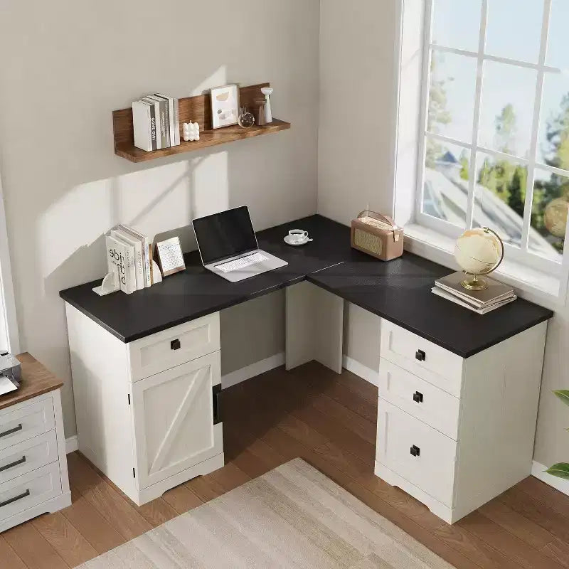 Bureau de direction en forme de L de 60 pouces, bureau d'angle rustique avec tiroirs de classement et meuble de rangement réglable, grande station de travail pour l'étude et le jeu