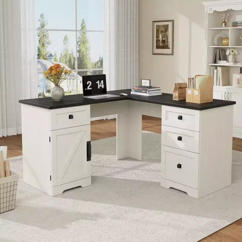 Bureau de direction en forme de L de 60 pouces, bureau d'angle rustique avec tiroirs de classement et meuble de rangement réglable, grande station de travail pour l'étude et le jeu