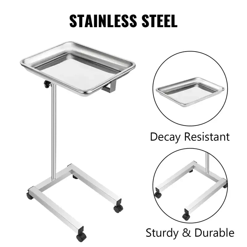 Chariot de laboratoire VEVOR, support de plateau Mayo en acier inoxydable 45,7 x 35,6 cm, support Mayo sur roulette, plateau à instruments réglable en hauteur de 81,3 à 129,5 cm, argent