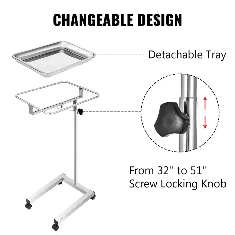 Chariot de laboratoire VEVOR, support de plateau Mayo en acier inoxydable 45,7 x 35,6 cm, support Mayo sur roulette, plateau à instruments réglable en hauteur de 81,3 à 129,5 cm, argent
