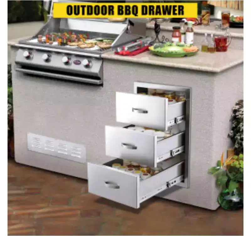 Meuble bas inox 3 tiroirs avec panneaux de ventilation, style vertical,