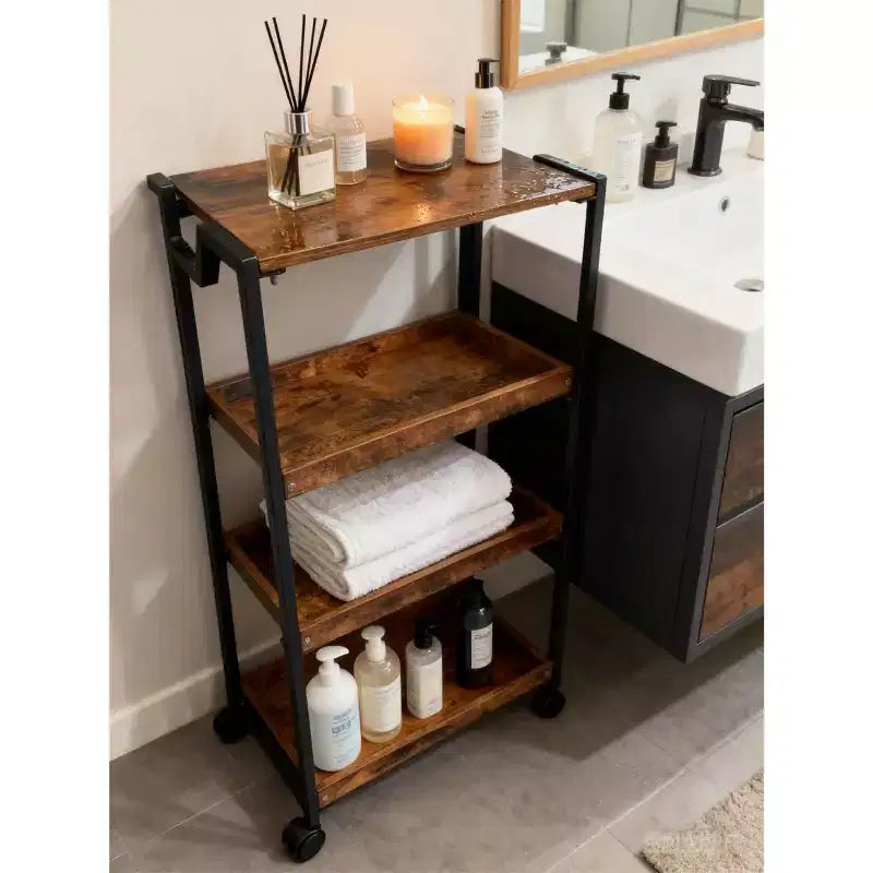 COZONY Chariot de Rangement Pliant en Bois à 4 Niveaux - Organisateur de Cuisine Extensible avec Roues Verrouillables, Étagère de Garage Robuste, Capacité de Charge de 45 kg