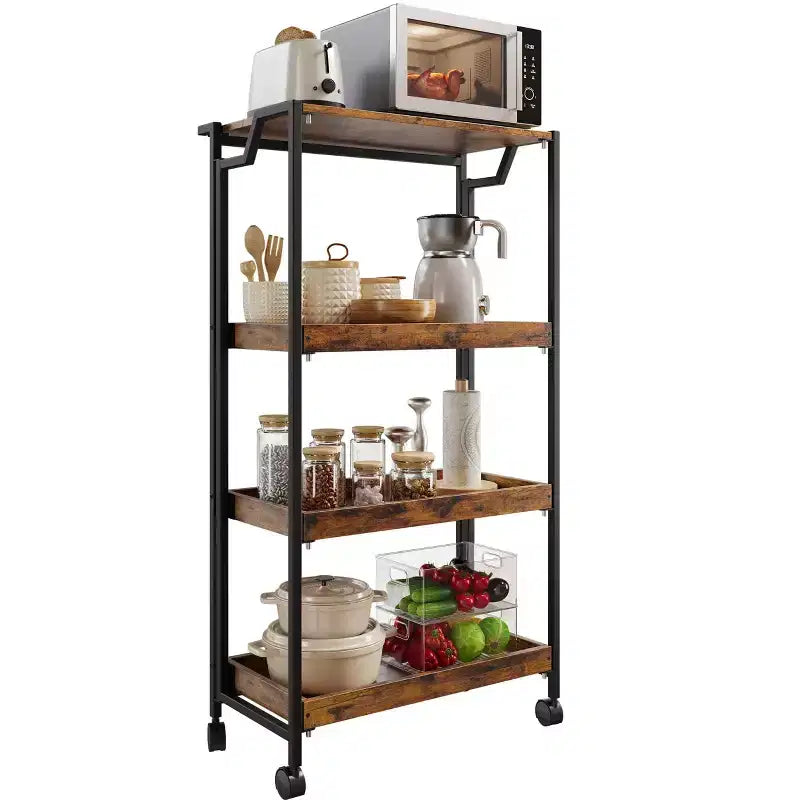 COZONY Chariot de Rangement Pliant en Bois à 4 Niveaux - Organisateur de Cuisine Extensible avec Roues Verrouillables, Étagère de Garage Robuste, Capacité de Charge de 45 kg
