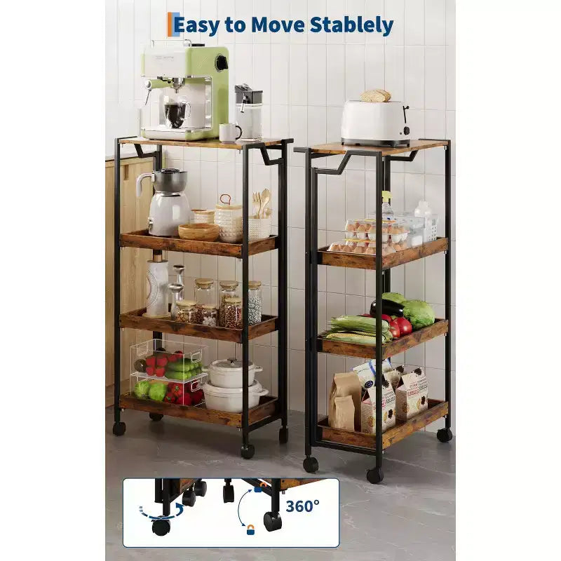 COZONY Chariot de Rangement Pliant en Bois à 4 Niveaux - Organisateur de Cuisine Extensible avec Roues Verrouillables, Étagère de Garage Robuste, Capacité de Charge de 45 kg