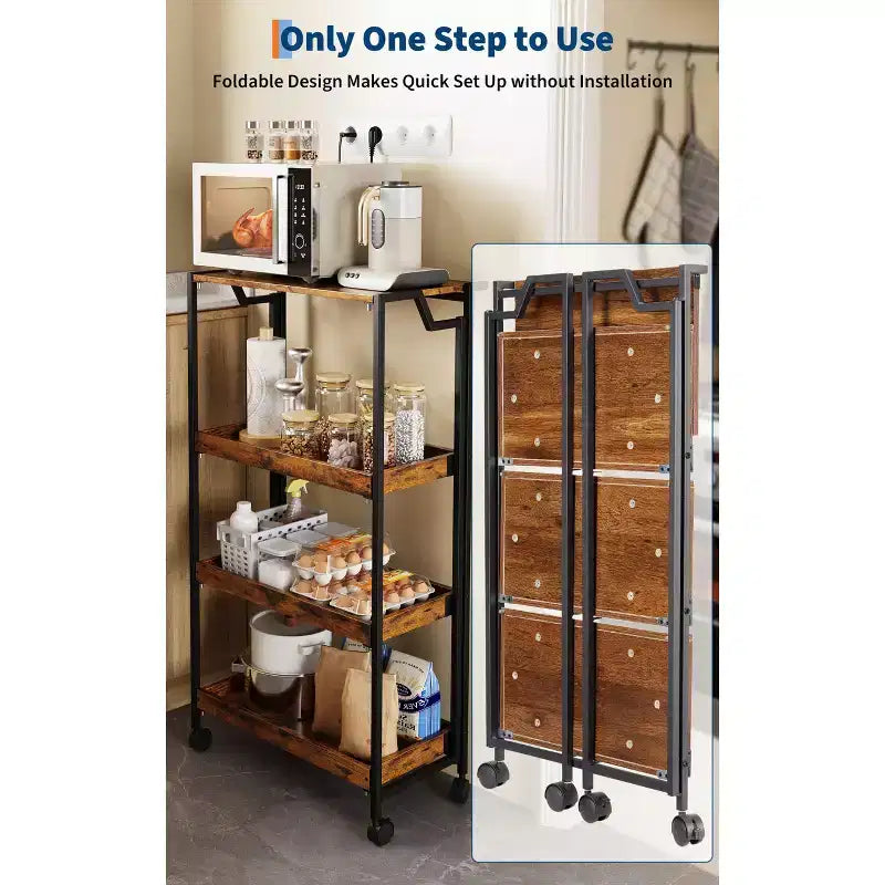 COZONY Chariot de Rangement Pliant en Bois à 4 Niveaux - Organisateur de Cuisine Extensible avec Roues Verrouillables, Étagère de Garage Robuste, Capacité de Charge de 45 kg
