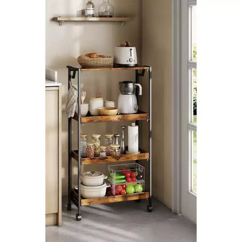 COZONY Chariot de Rangement Pliant en Bois à 4 Niveaux - Organisateur de Cuisine Extensible avec Roues Verrouillables, Étagère de Garage Robuste, Capacité de Charge de 45 kg