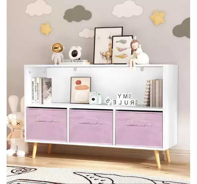 Bibliothèque pour enfants en MDF à 2 niveaux avec tiroirs pliables en tissu,
