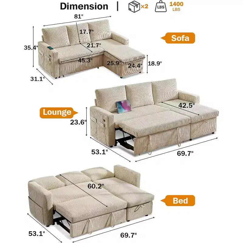 Canapé-lit d'angle réversible Dyonery 81 avec lit gigogne 4 en 1, coffre de rangement, ports USB et poches latérales pour salon
