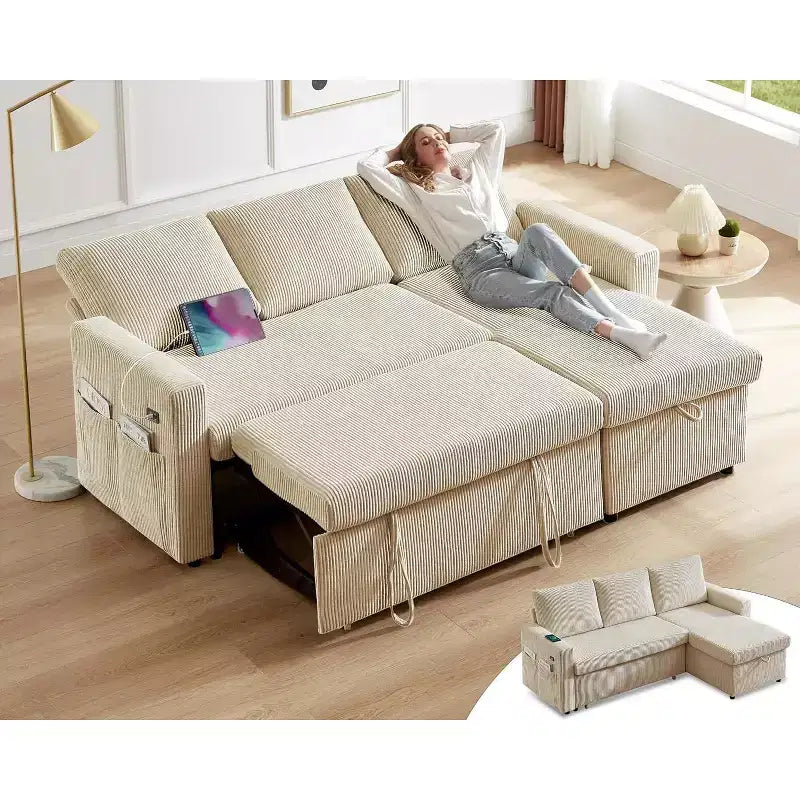 Canapé-lit d'angle réversible Dyonery 81 avec lit gigogne 4 en 1, coffre de rangement, ports USB et poches latérales pour salon
