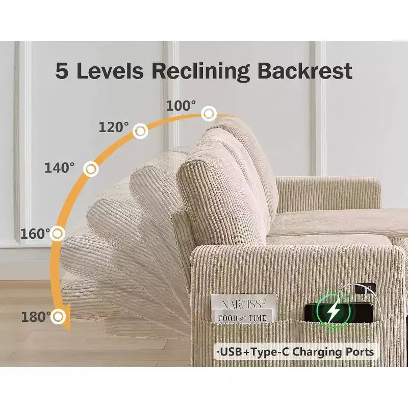 Canapé-lit d'angle réversible Dyonery 81 avec lit gigogne 4 en 1, coffre de rangement, ports USB et poches latérales pour salon