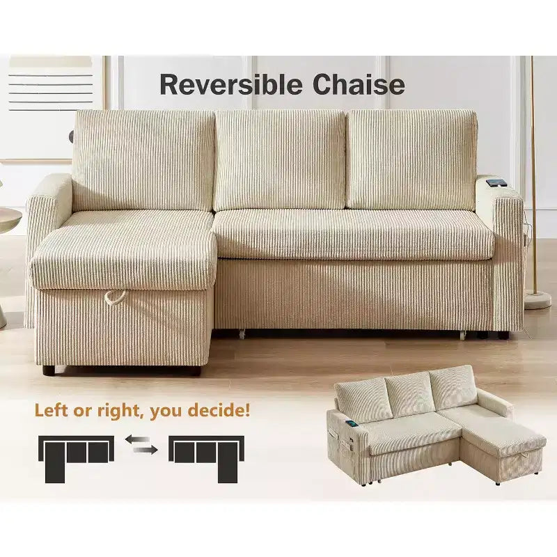 Canapé-lit d'angle réversible Dyonery 81 avec lit gigogne 4 en 1, coffre de rangement, ports USB et poches latérales pour salon